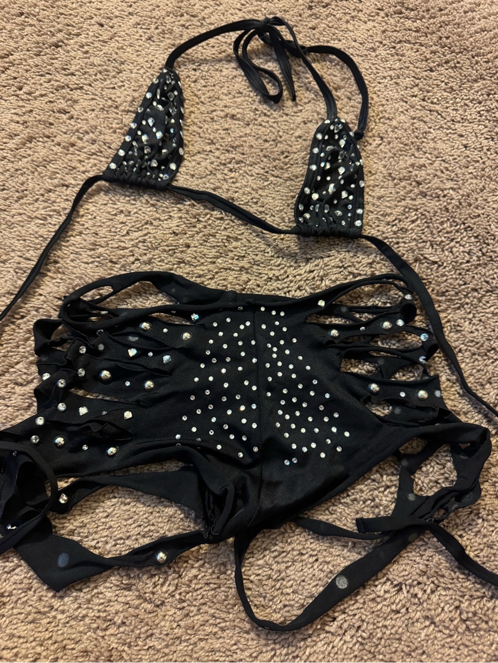 Black Rhinestone Accent Strappy Bikini Set - Unbranded